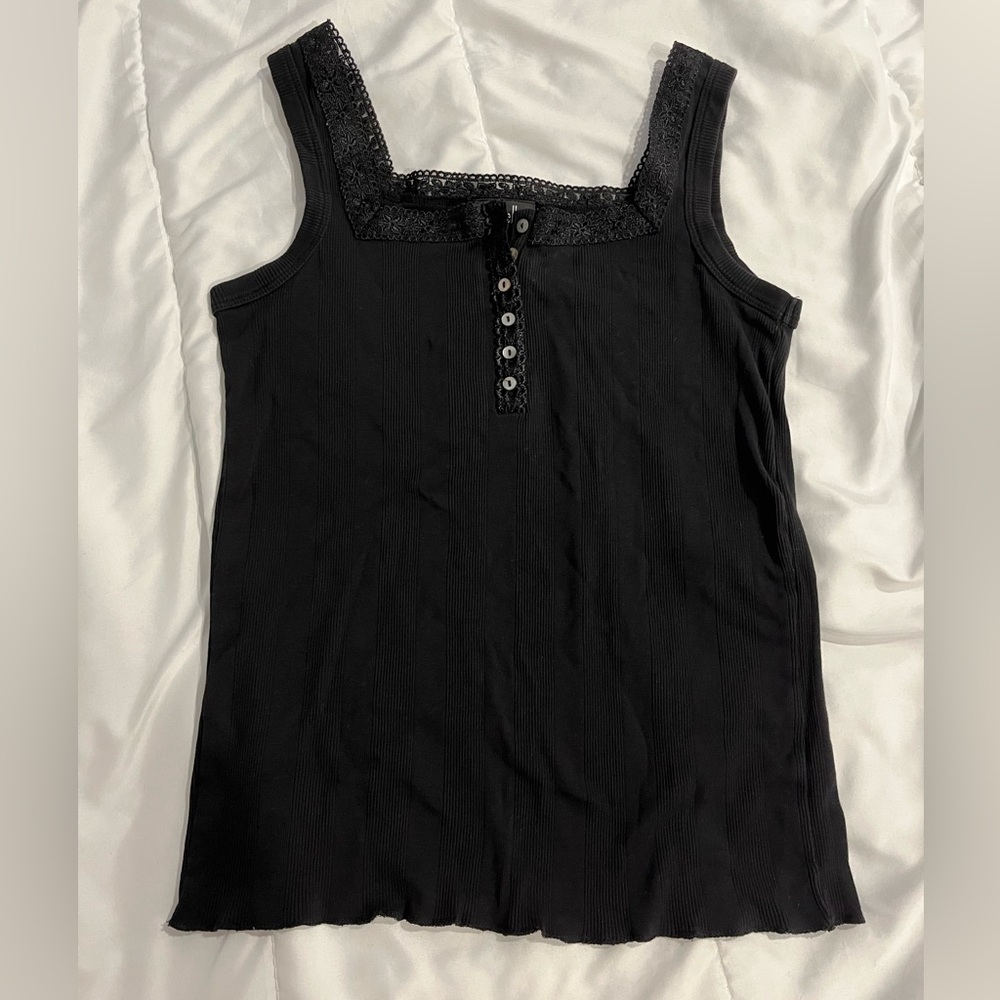 Rafaella Black Lace Trim Tank Top with Buttons
